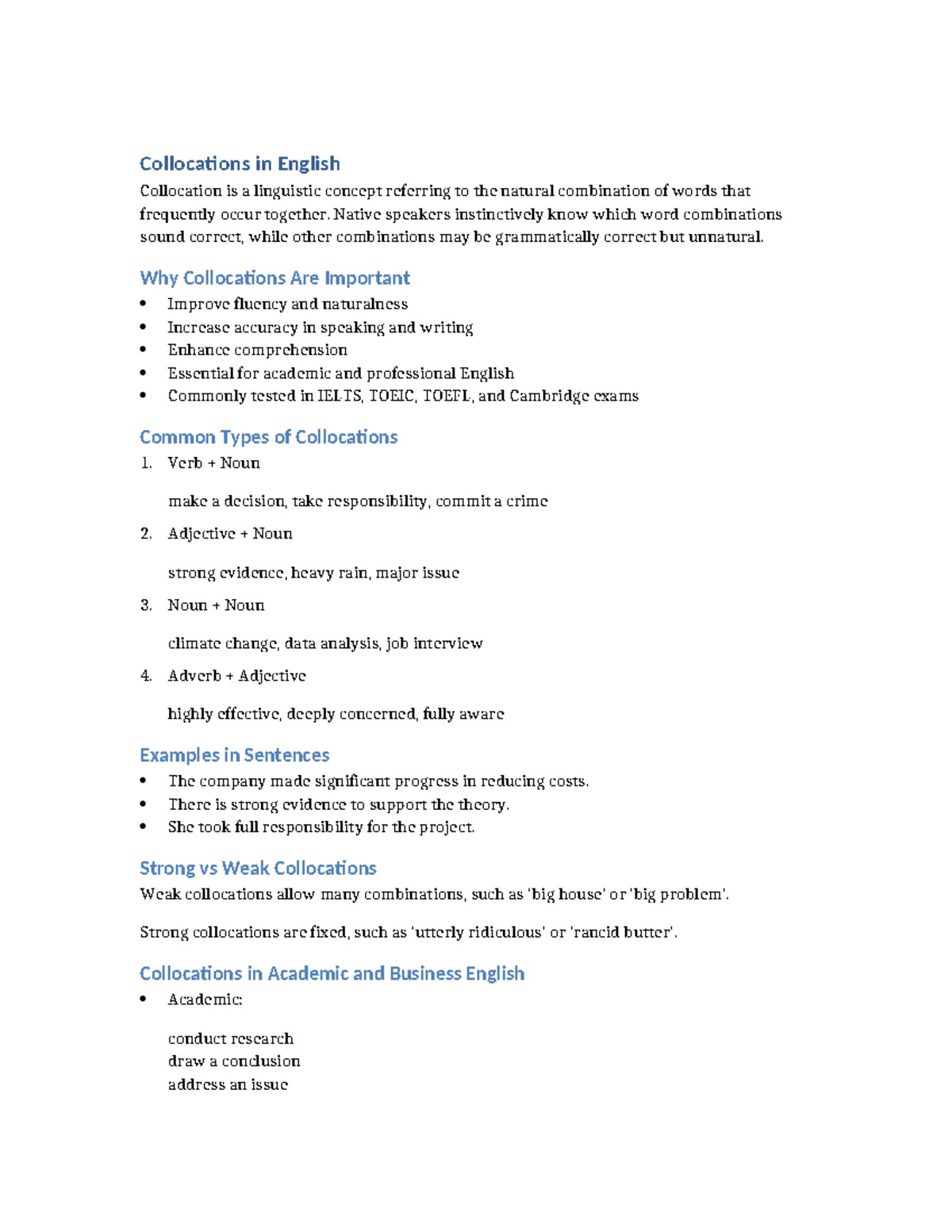Collocations in English: Understanding Word Combinations - Studocu