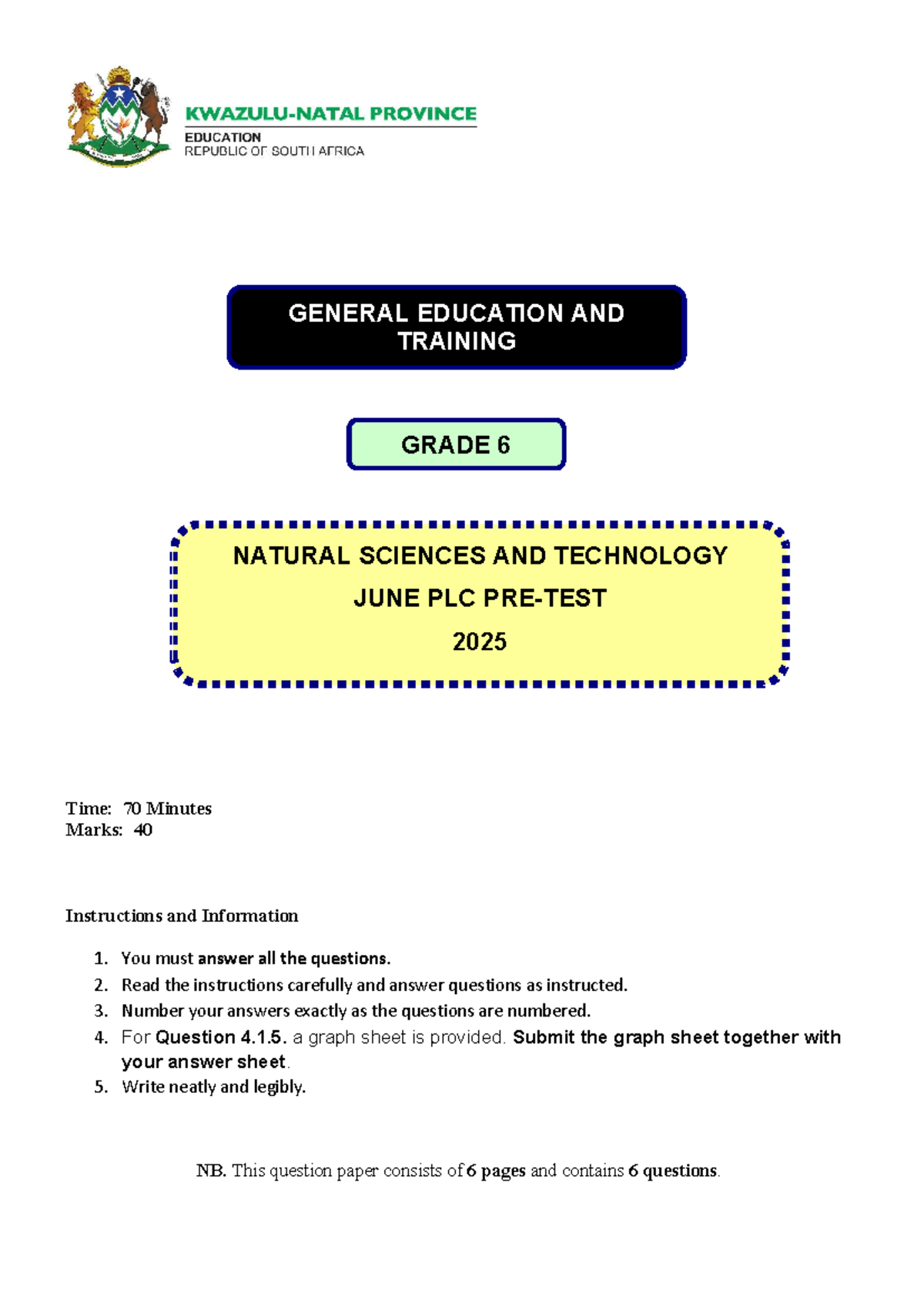 NST Grade 6 Natural Sciences & Technology June PLC 2025 Exam - Studocu