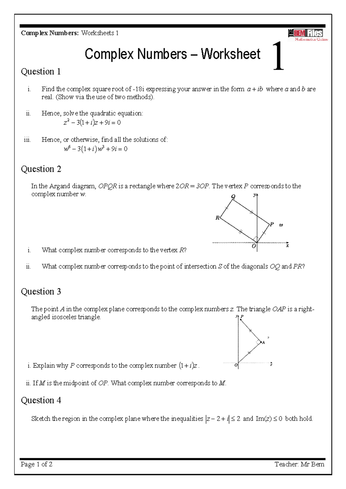 Complex Numbers Worksheet 01 - Find the complex square root of -18i ...