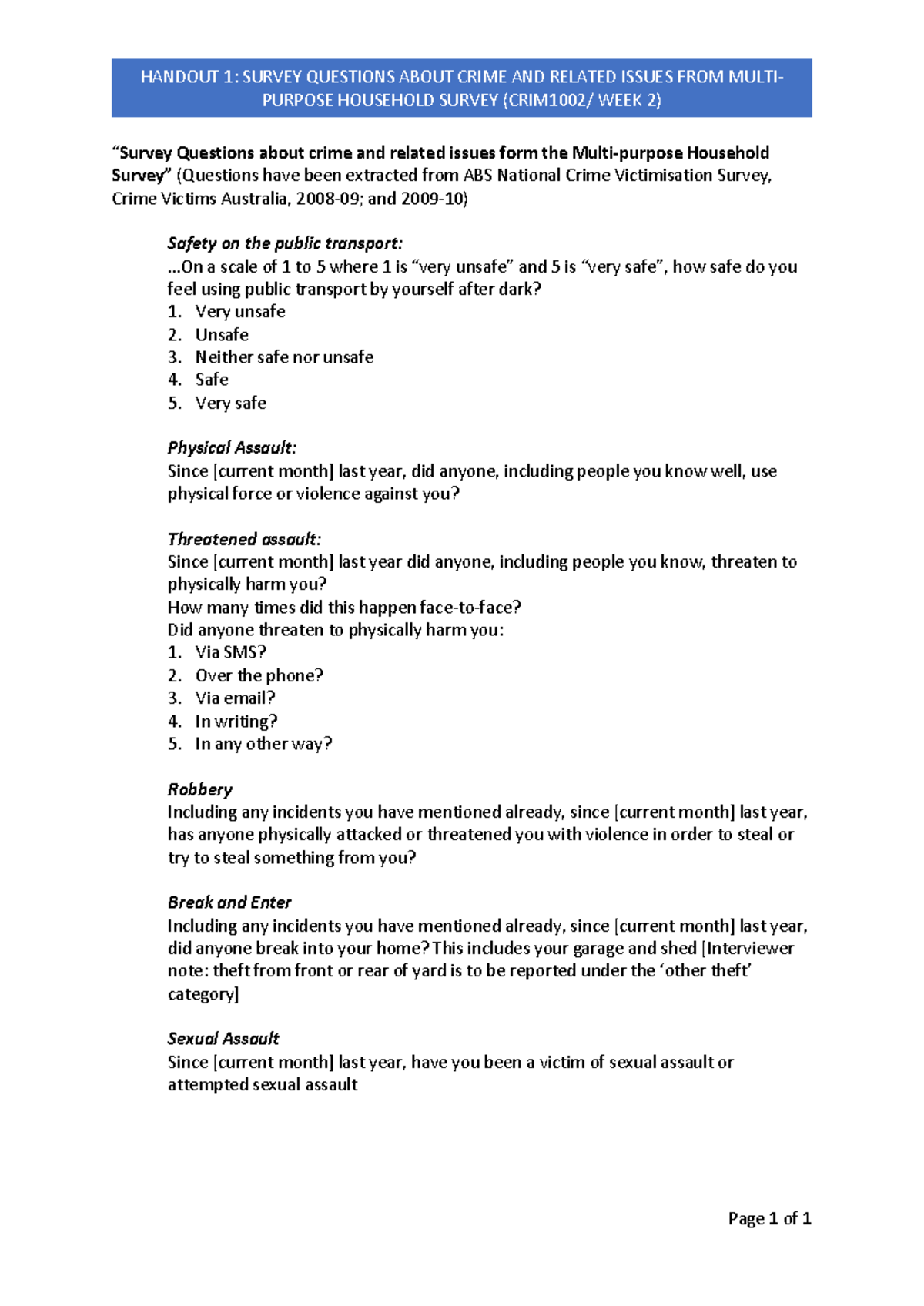 Handout 1 (W2-CRIM1002)- Survey questions - Page 1 of 1 HANDOUT 1 ...