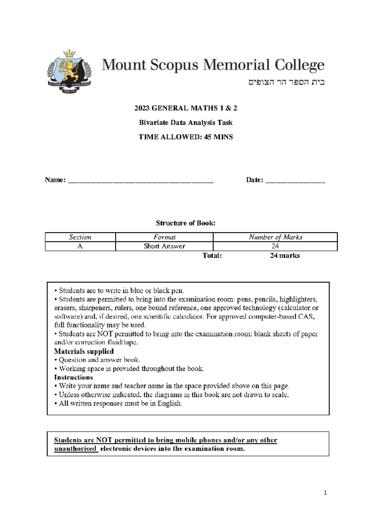 2023 Year 11 Data Analysis Task - 2023 GENERAL MATHS 1 & 2 Bivariate ...