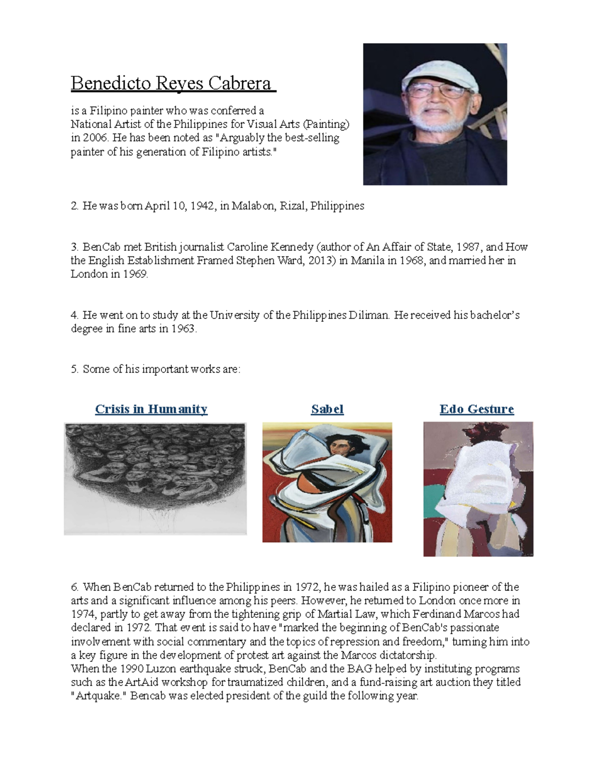 Benedicto Reyes Cabrera: The Life of a Filipino National Artist - Studocu