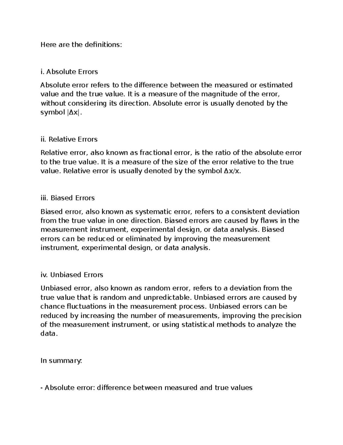 Definitions of Errors: Absolute, Relative, Biased, and Unbiased - Studocu