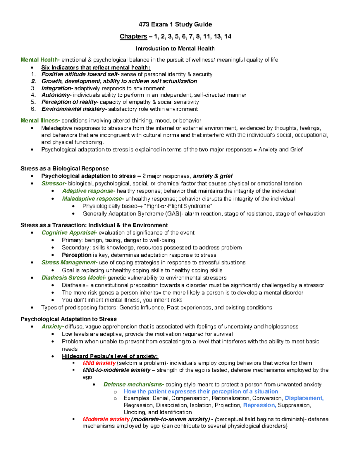 NR 473 - Mental Health Exam 1 Study Guide Overview and Key Concepts ...