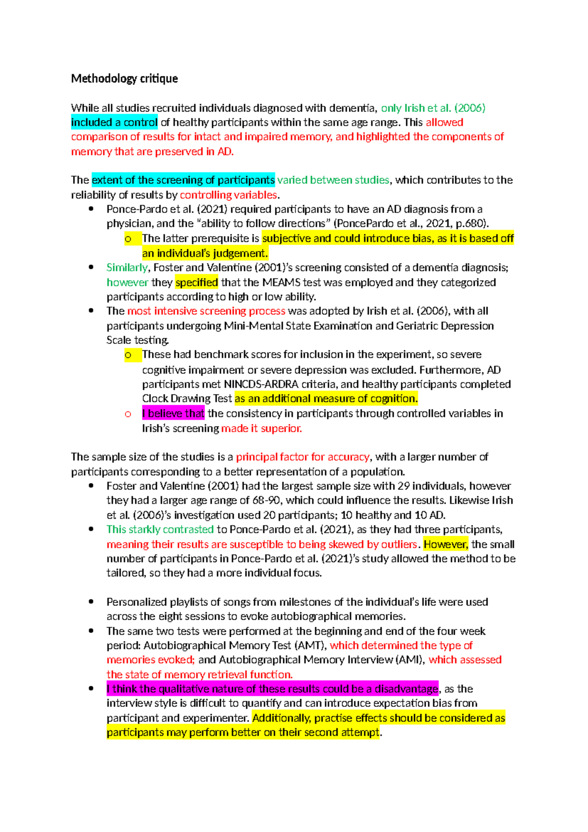 Methodology Critique of Dementia Studies: H1 Example Analysis - Studocu