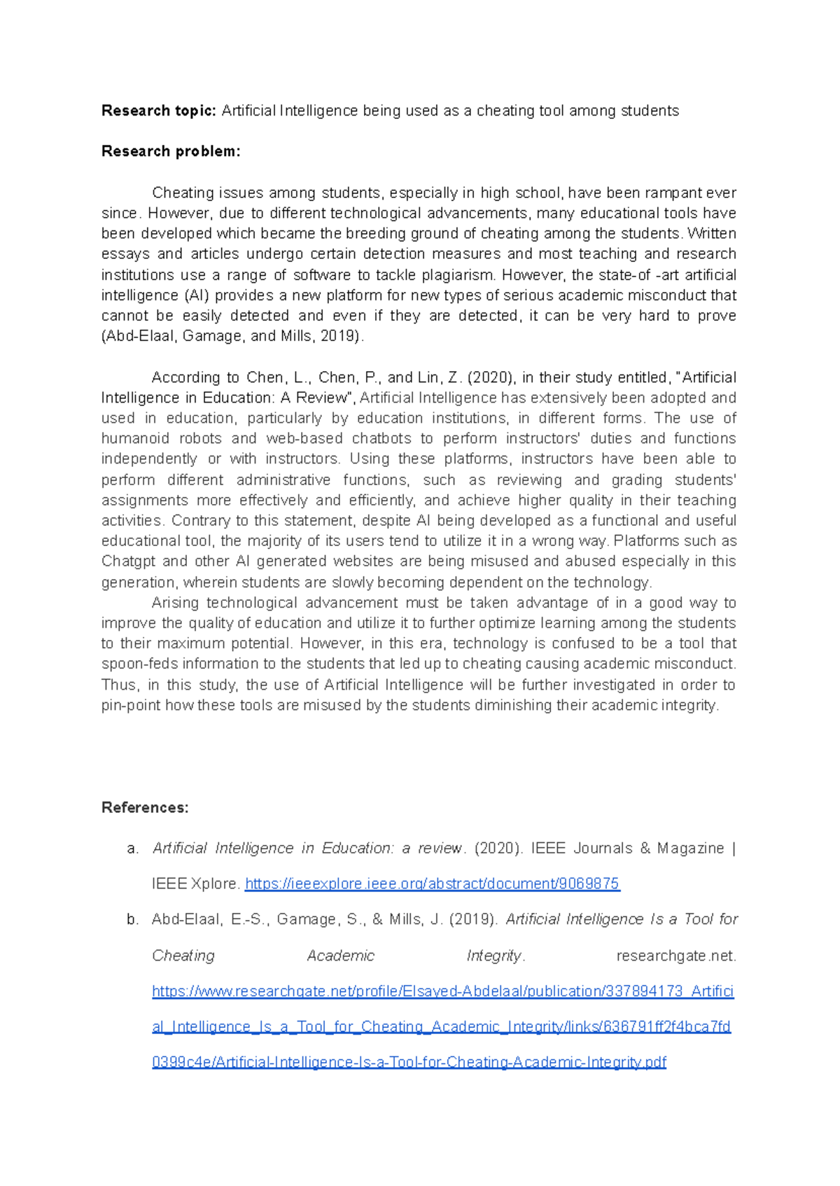 Research Problem - Research topic: Artificial Intelligence being used ...