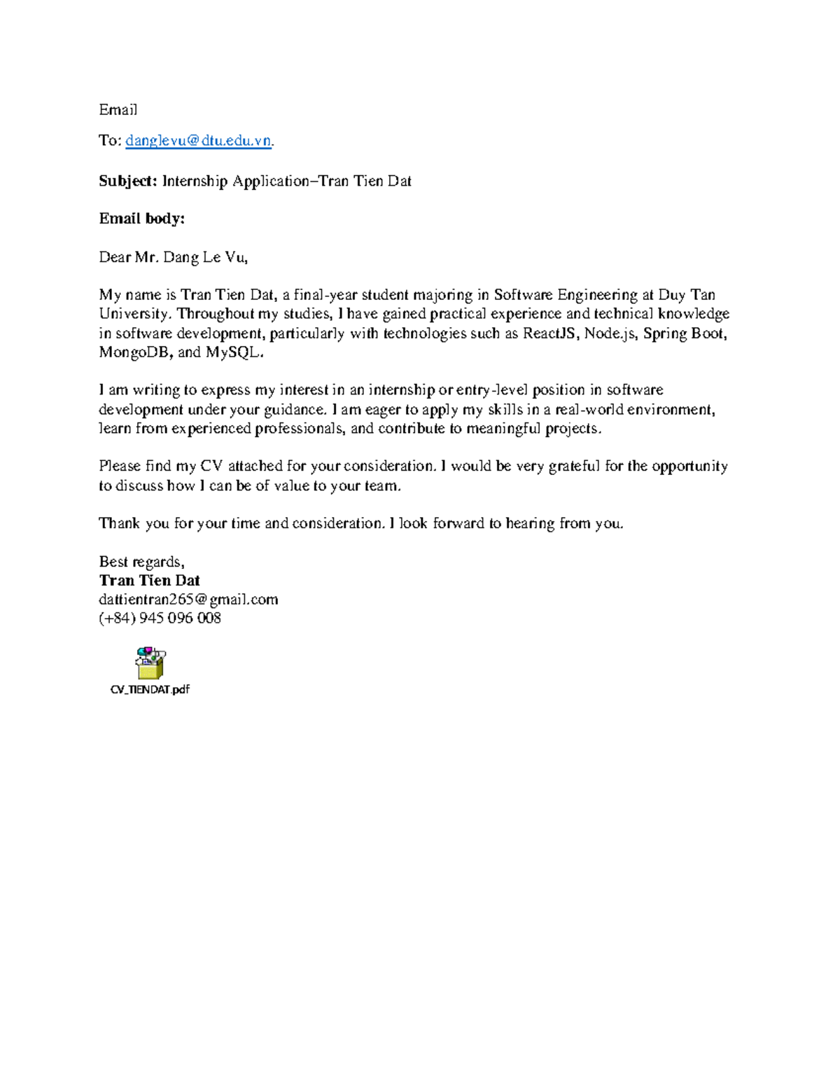 Internship Application Email - Software Engineering Student - Studocu