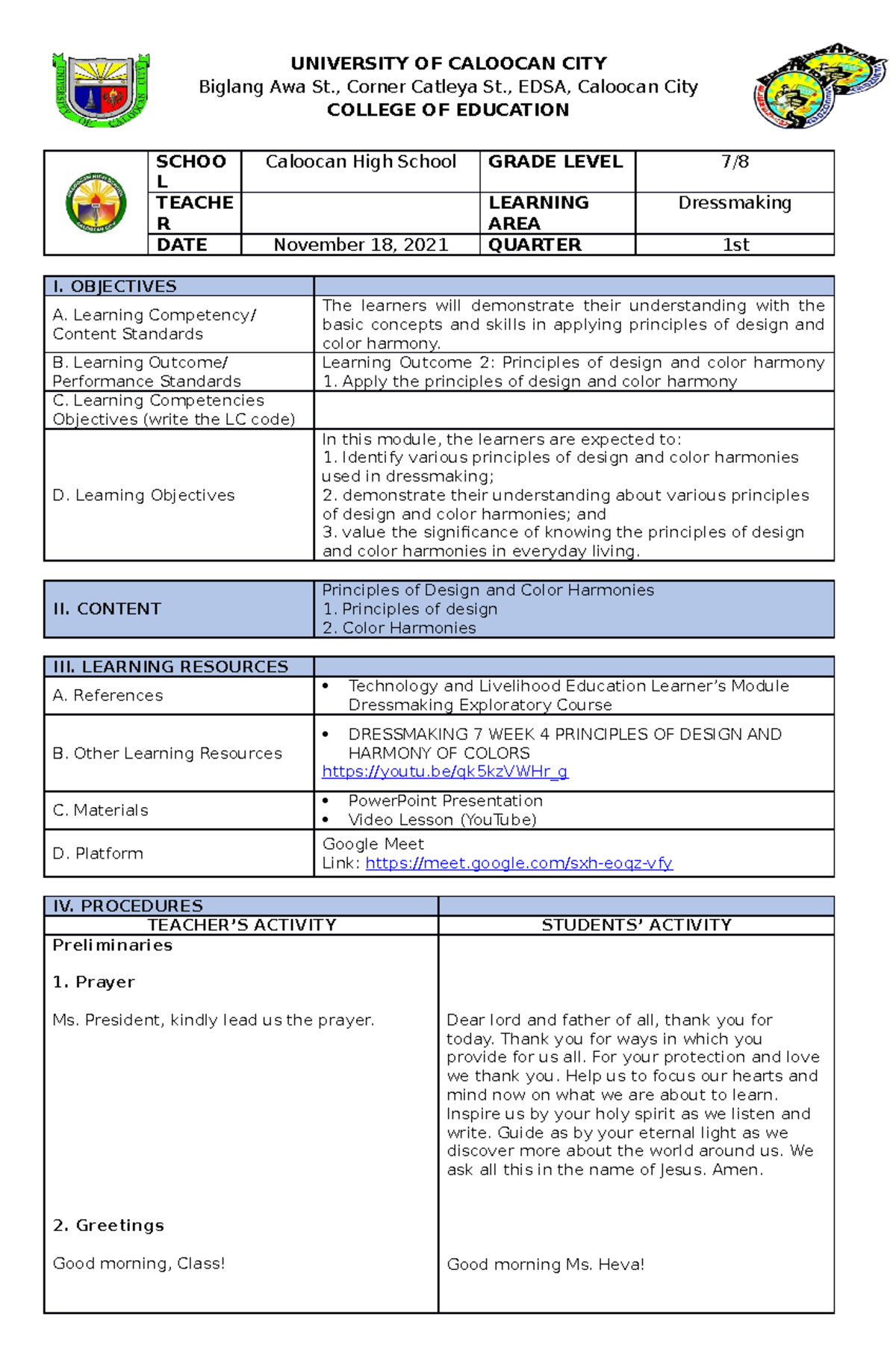 Dressmaking Q1W5 DLP: Design Principles & Color Harmony for Educators ...