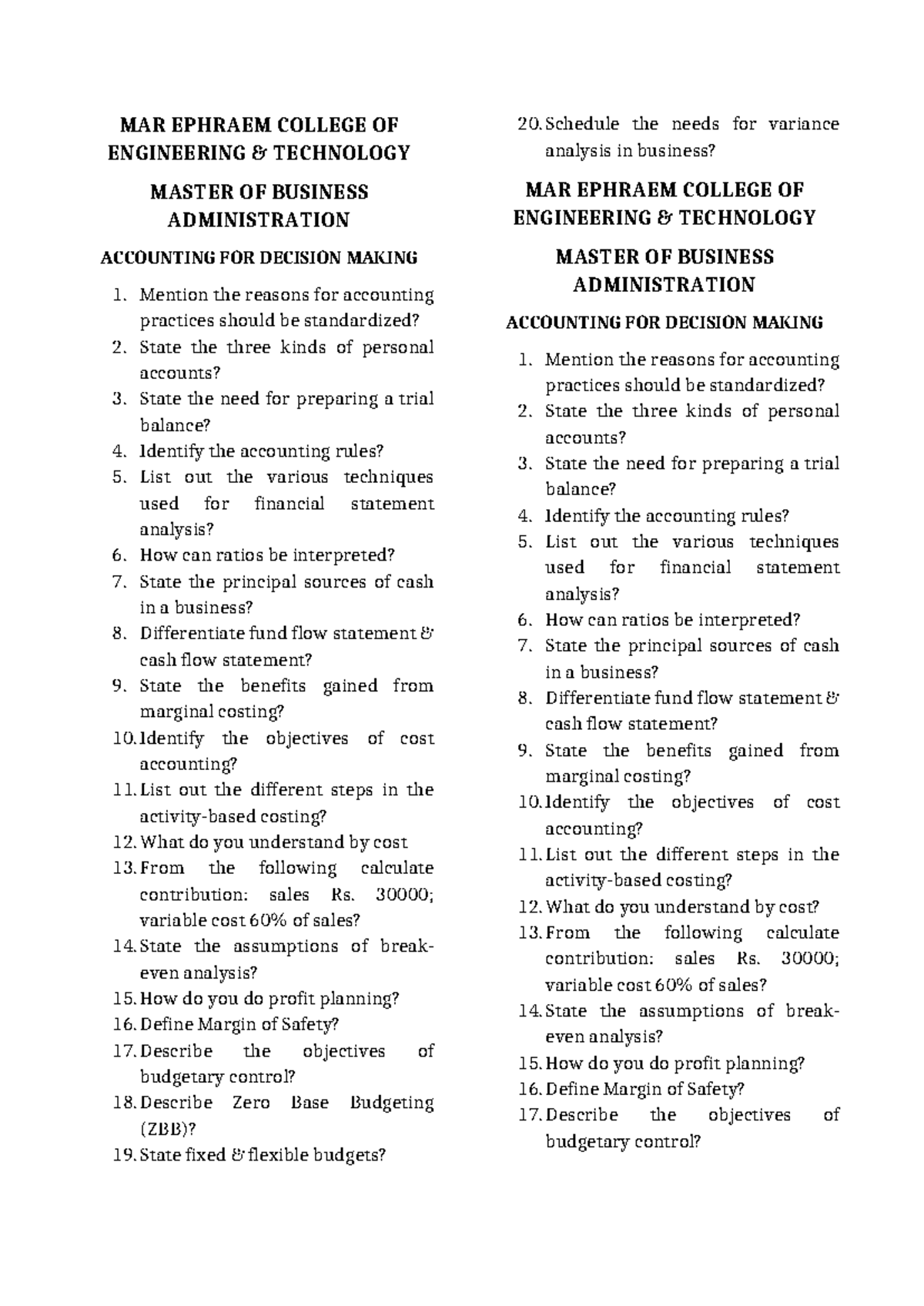 ACCT 2 MARK Questions for Accounting for Decision Making - Studocu