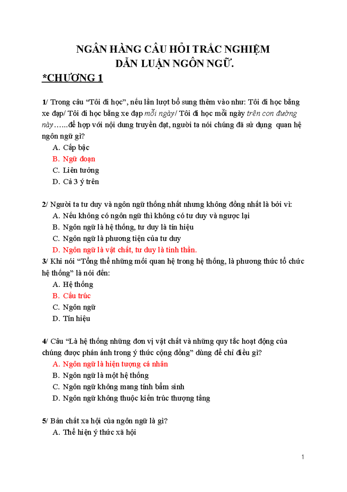Ngân hàng câu hỏi trắc nghiệm Dẫn luận ngôn ngữ 2022 - Document Preview