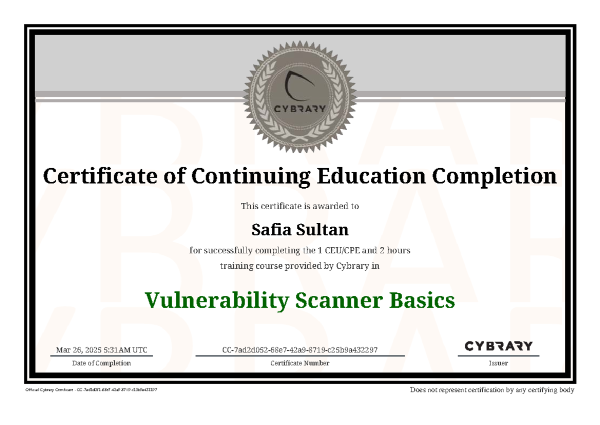 Cybrary cert vulnerability scanner basics - HSEC 444 - Certificate of ...