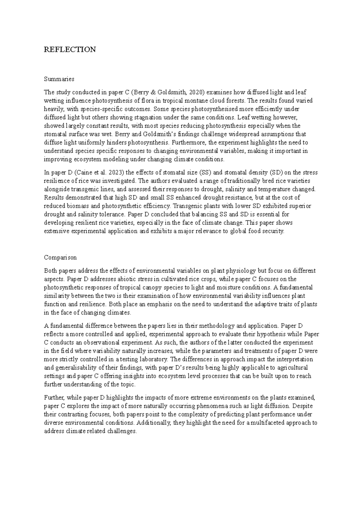 REFLECTION: Comparative Analysis of Plant Physiology Studies (BIO 202 ...
