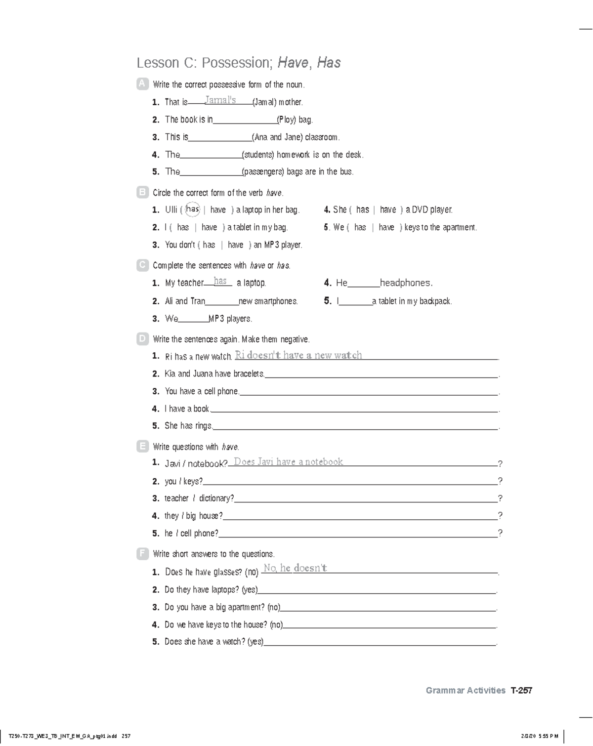 World English 3e Level Intro Grammar Activities Unit 4 Lesson C - Studocu