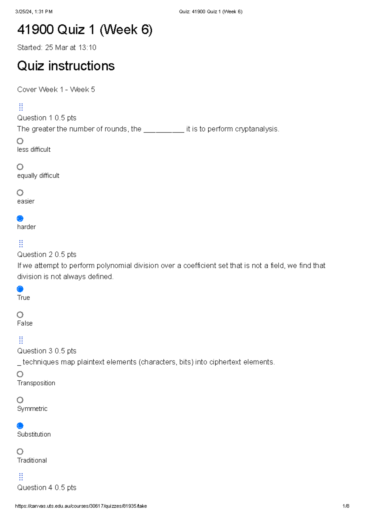 Quiz 41900: Week 6 - Cryptography Concepts and Questions - Studocu