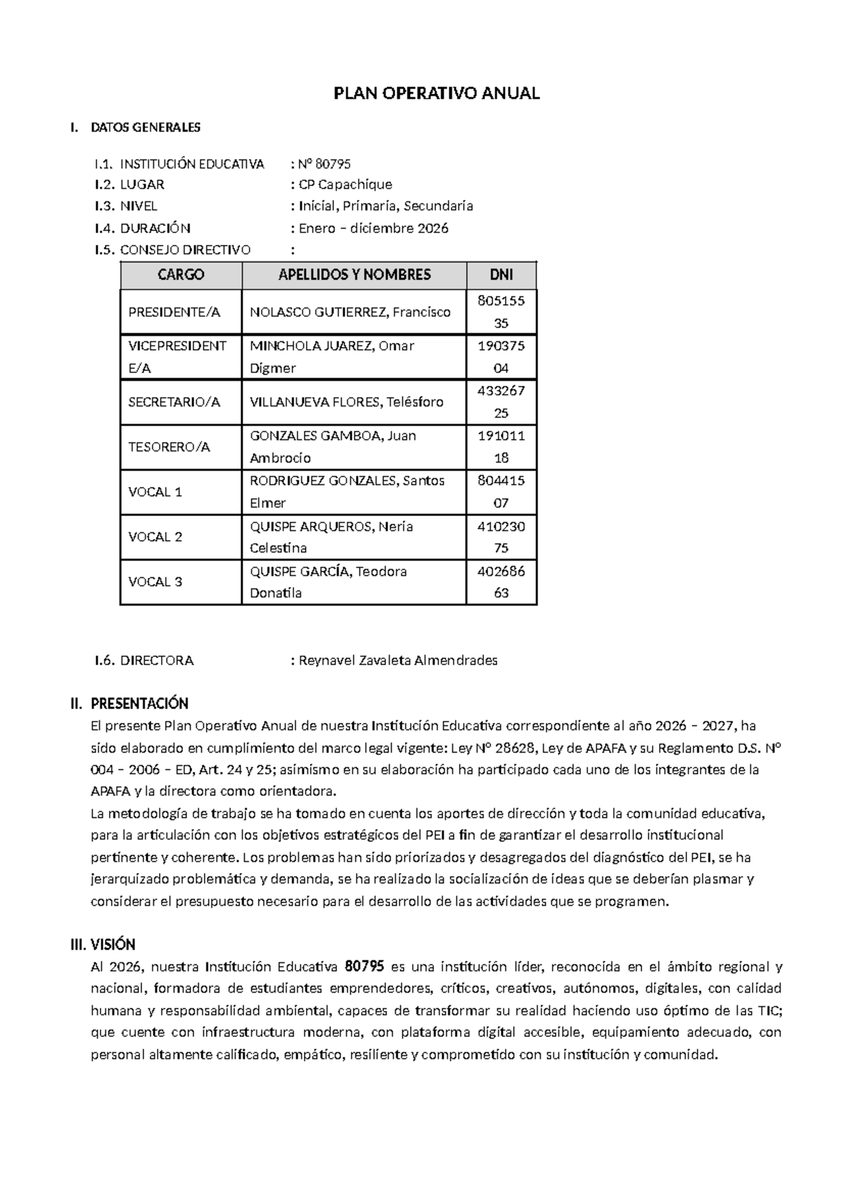 PLAN OPERATIVO ANUAL 2026 - INSTITUCIÓN EDUCATIVA 80795 - Studocu