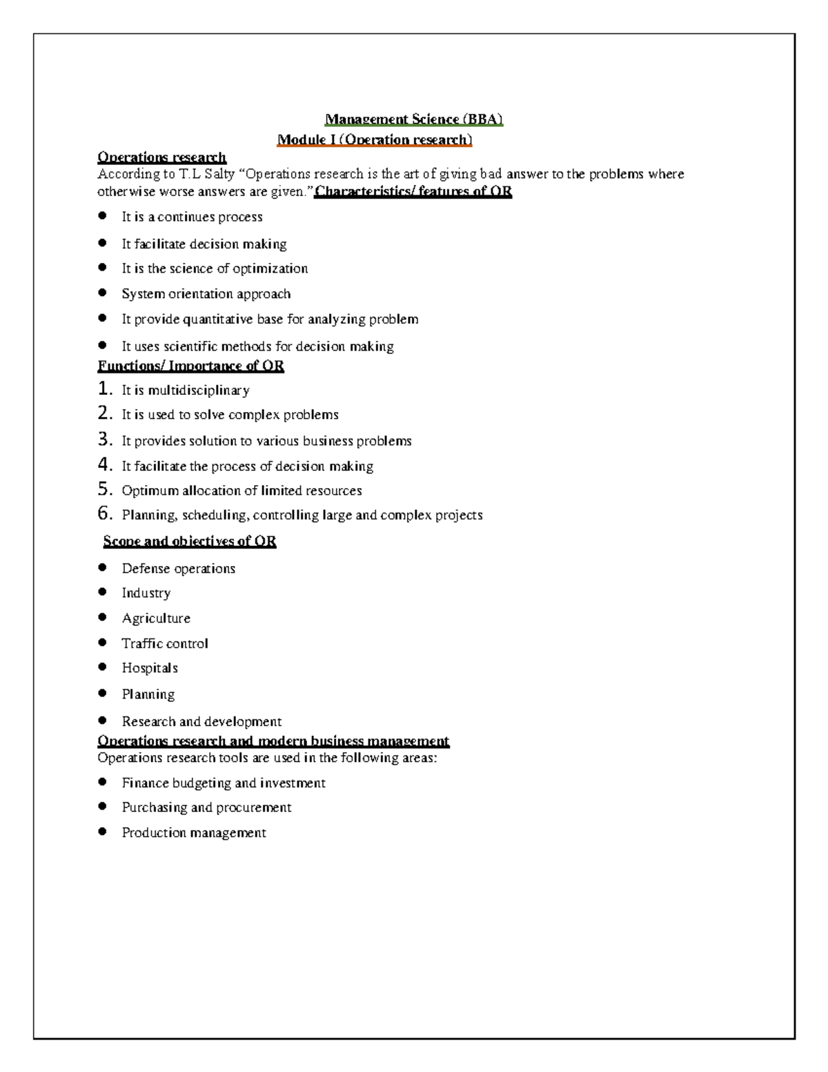 Management Science (BBA) Module I: Operations Research Notes - Studocu