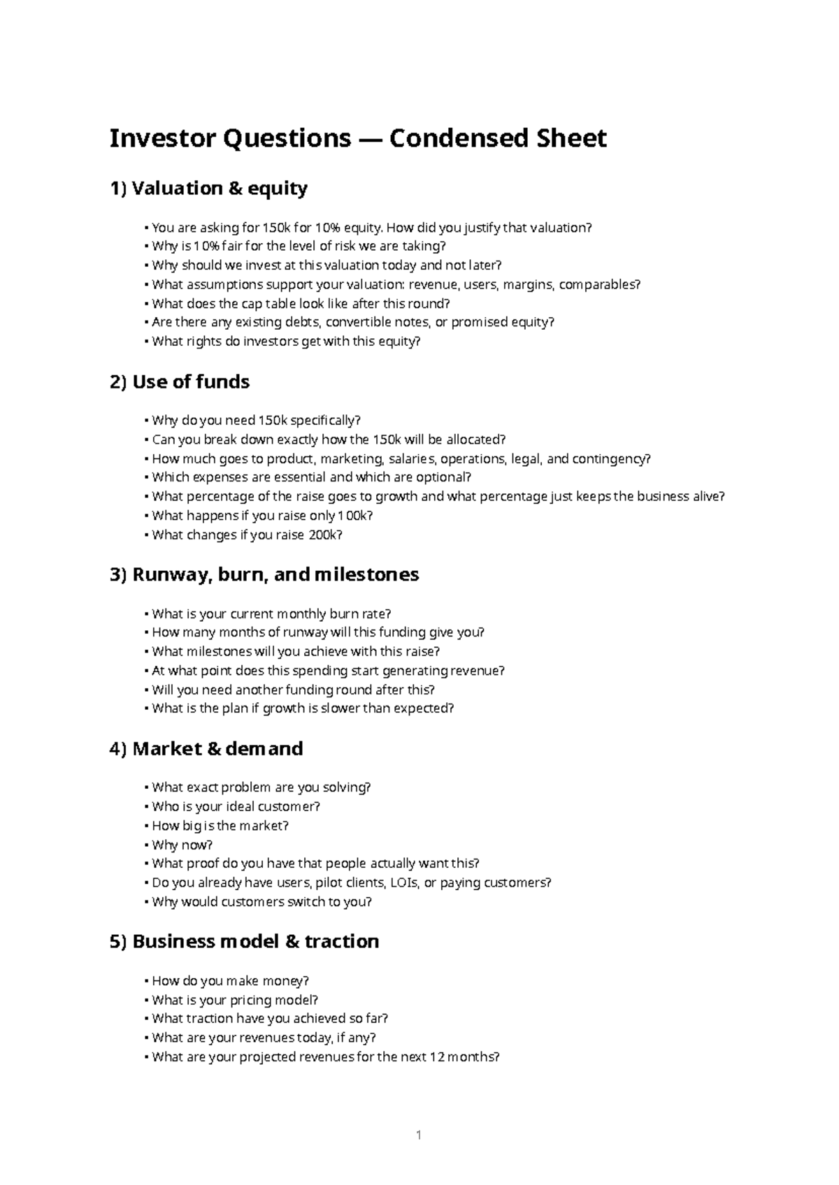Investor Questions Condensed: Valuation, Use of Funds & Risks - Studocu