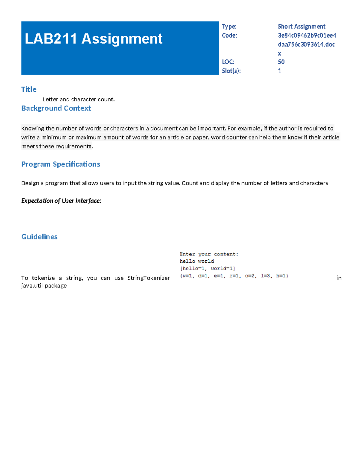 LAB211 Short Assignment: Counting Letters & Characters in Java - Studocu