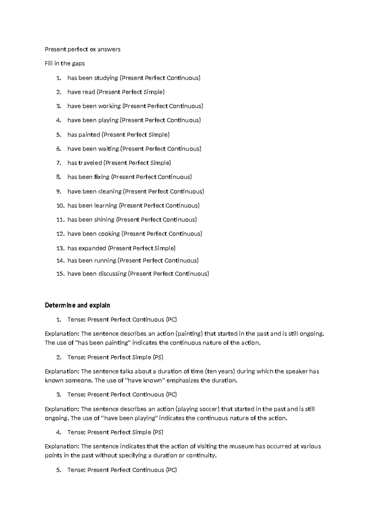Present Perfect Tense Exercise Answers: Fill in the Gaps - Studeersnel