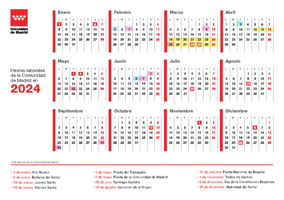 Calendario 2024: Días Festivos en la Comunidad de Madrid - Studocu