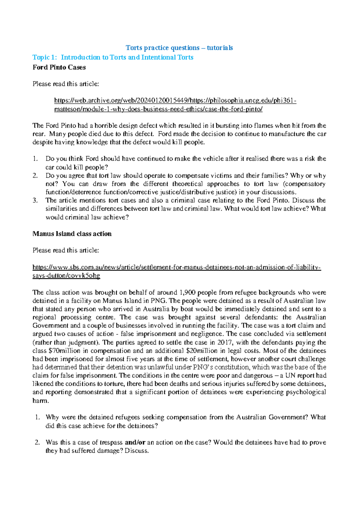 Torts (LAW101) Final Exam Practice Questions and Case Study Analysis ...