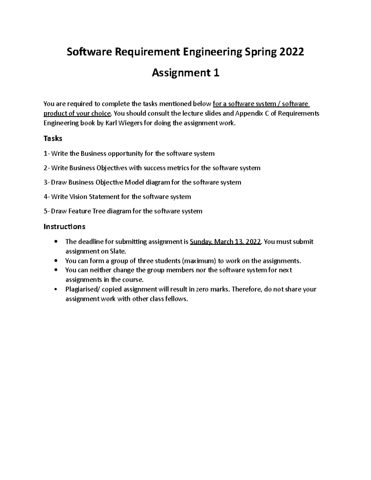 Software Requirement Engineering (SRE) Assignment 1 - Spring 2022 - Studocu
