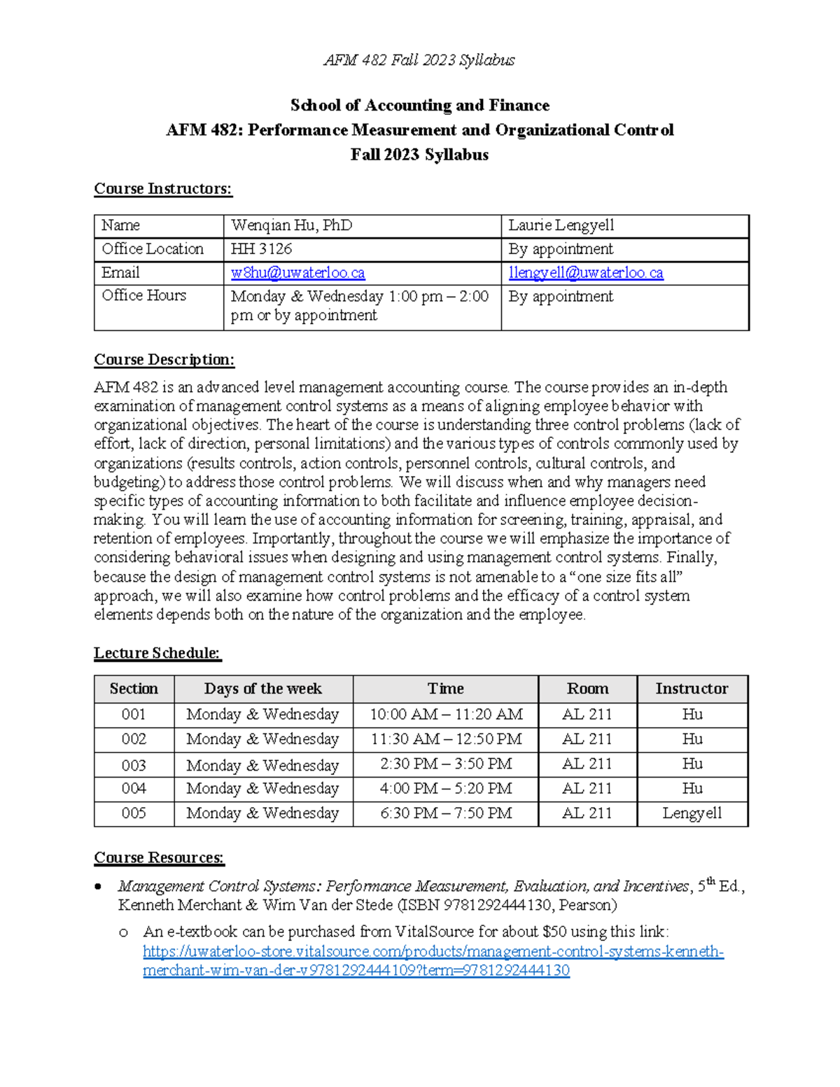 AFM 482 Syllabus: Performance Measurement & Control - Fall 2023 - Studocu