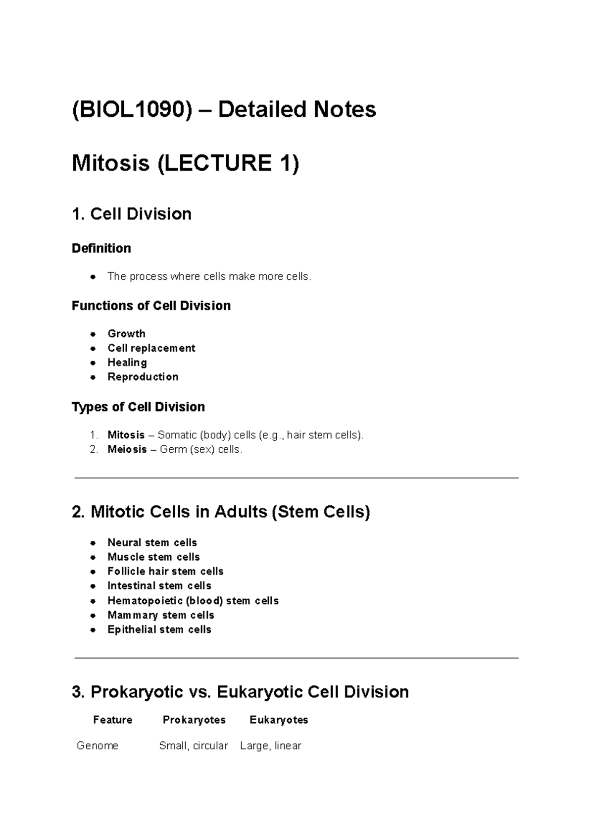 (BIOL1090) Comprehensive Lecture Notes on Mitosis and Meiosis - Studocu