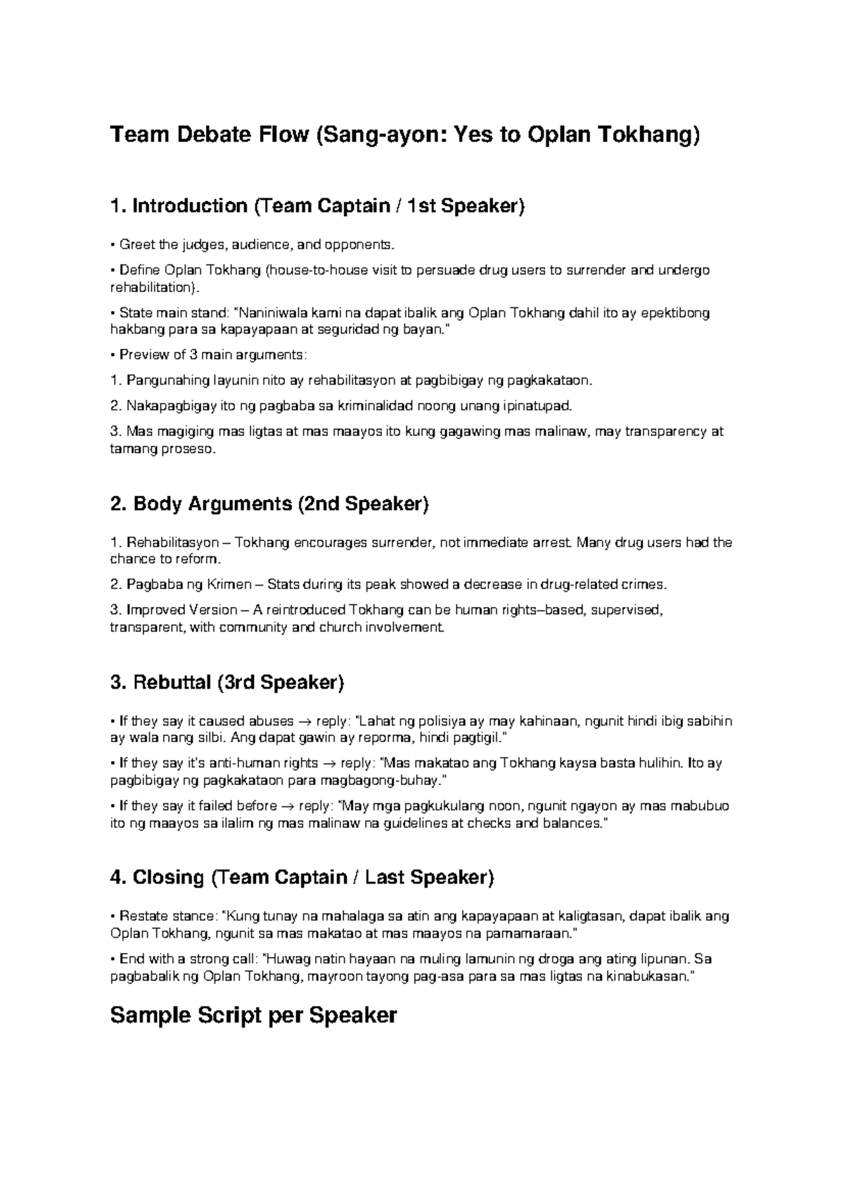Fil- Debate Flow: Yes to Oplan Tokhang - Team Arguments and Rebuttals ...