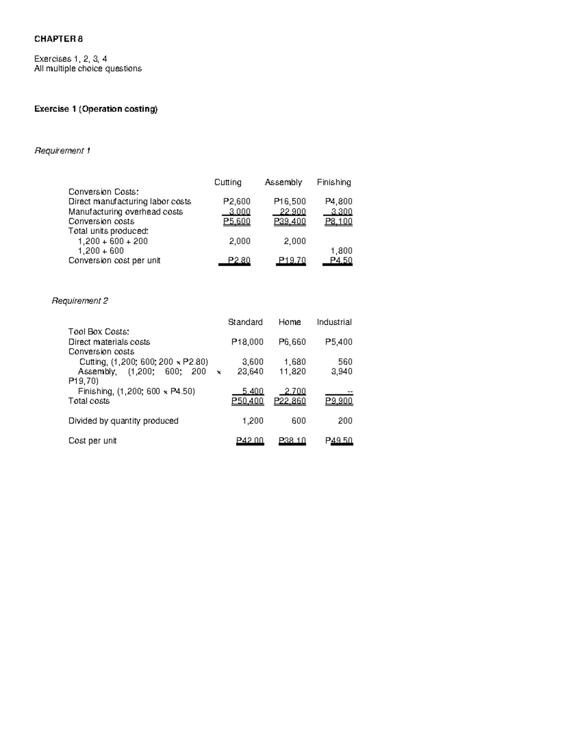 Chapter 8 Exercises Answer Key and Solutions for Costing Methods - Studocu