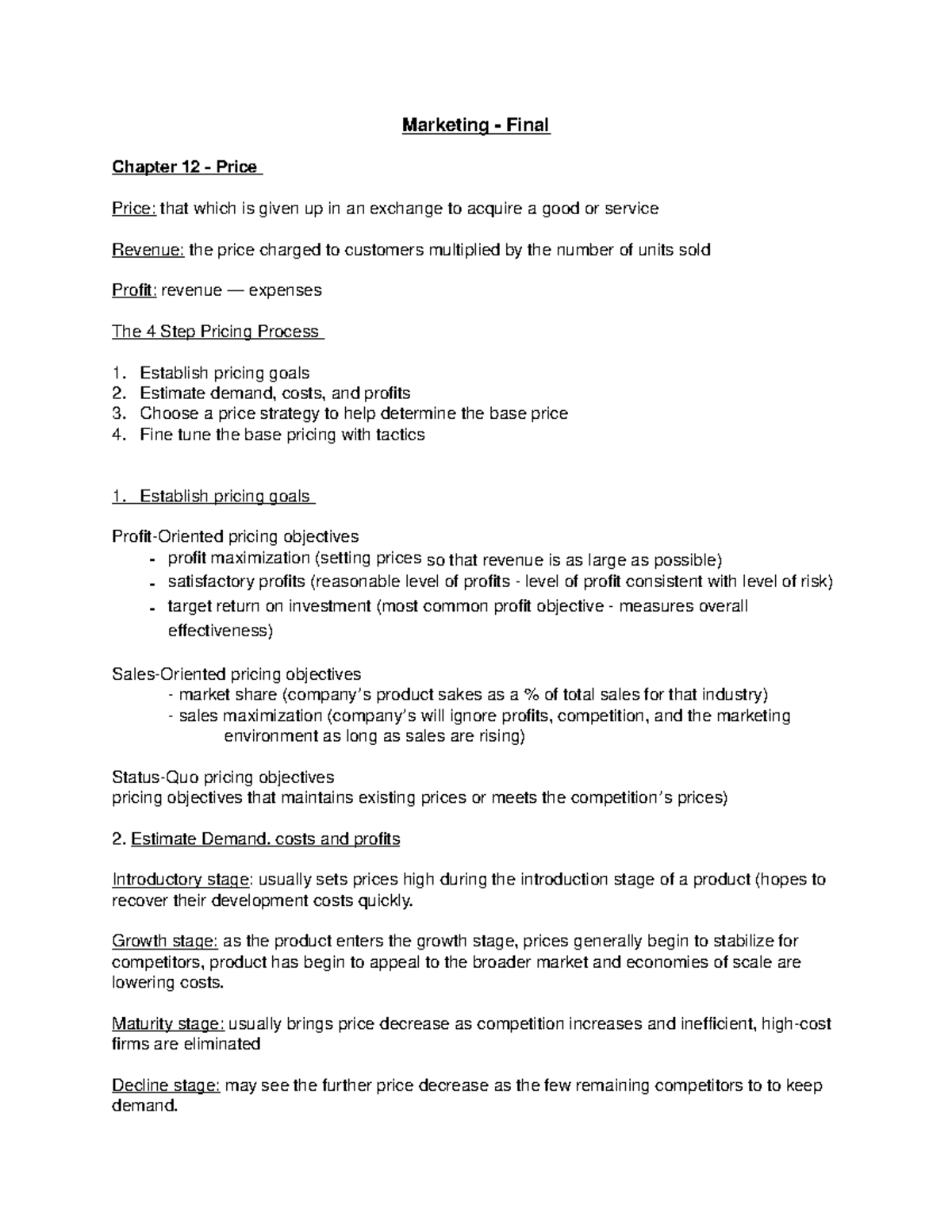 Marketing 101: Final Notes on Pricing & Promotion Strategies - Studocu