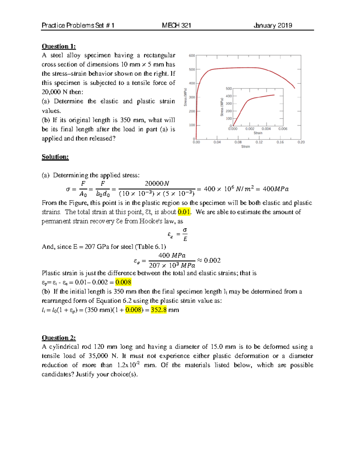 Solutions to Practice Questions for MECH 321: Mechanics of Materials ...