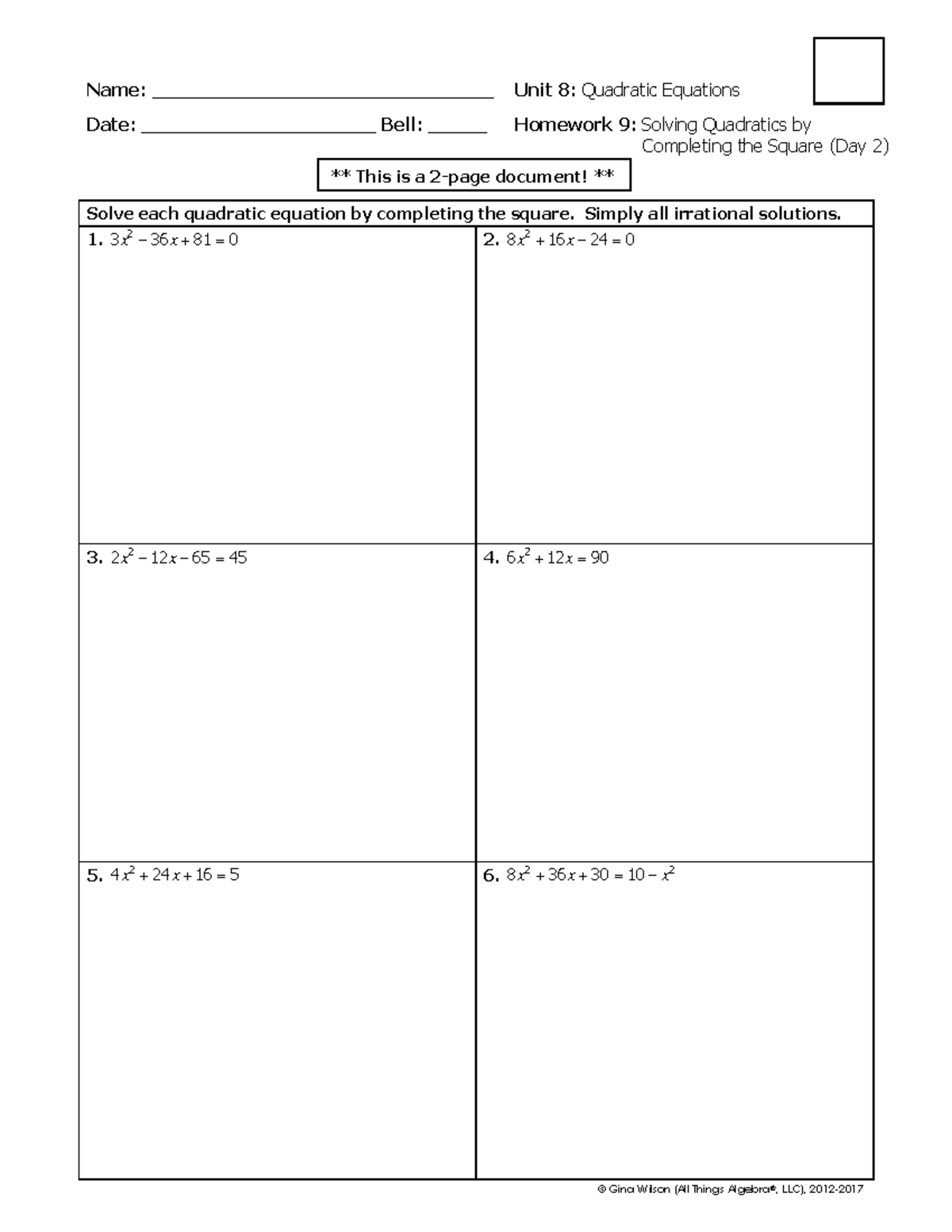 Unit 8: Homework 9 - Solving Quadratics by Completing the Square - Studocu