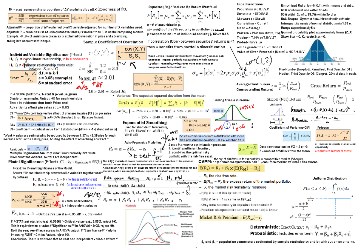 Finance 2205 Final Exam Notes: Excel Functions & Statistical Analysis ...