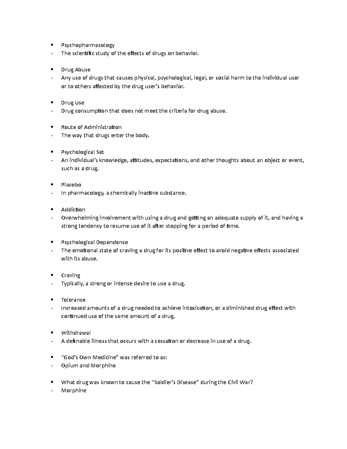 Final Exam Study Guide for Drug Use and Abuse - Psychopharmacology The ...