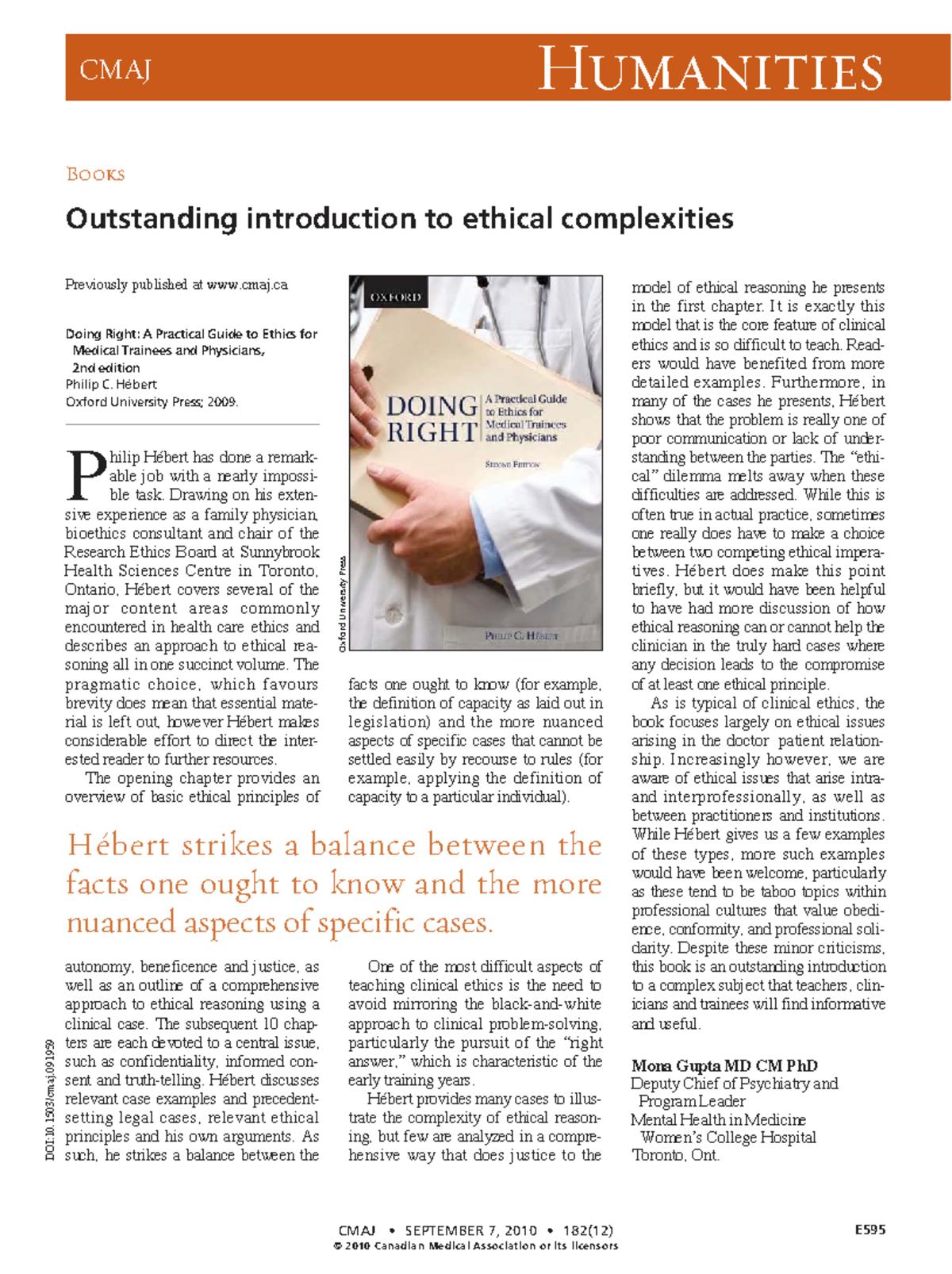 Humanities CMAJ E595: Doing Right - A Guide to Medical Ethics - Studocu