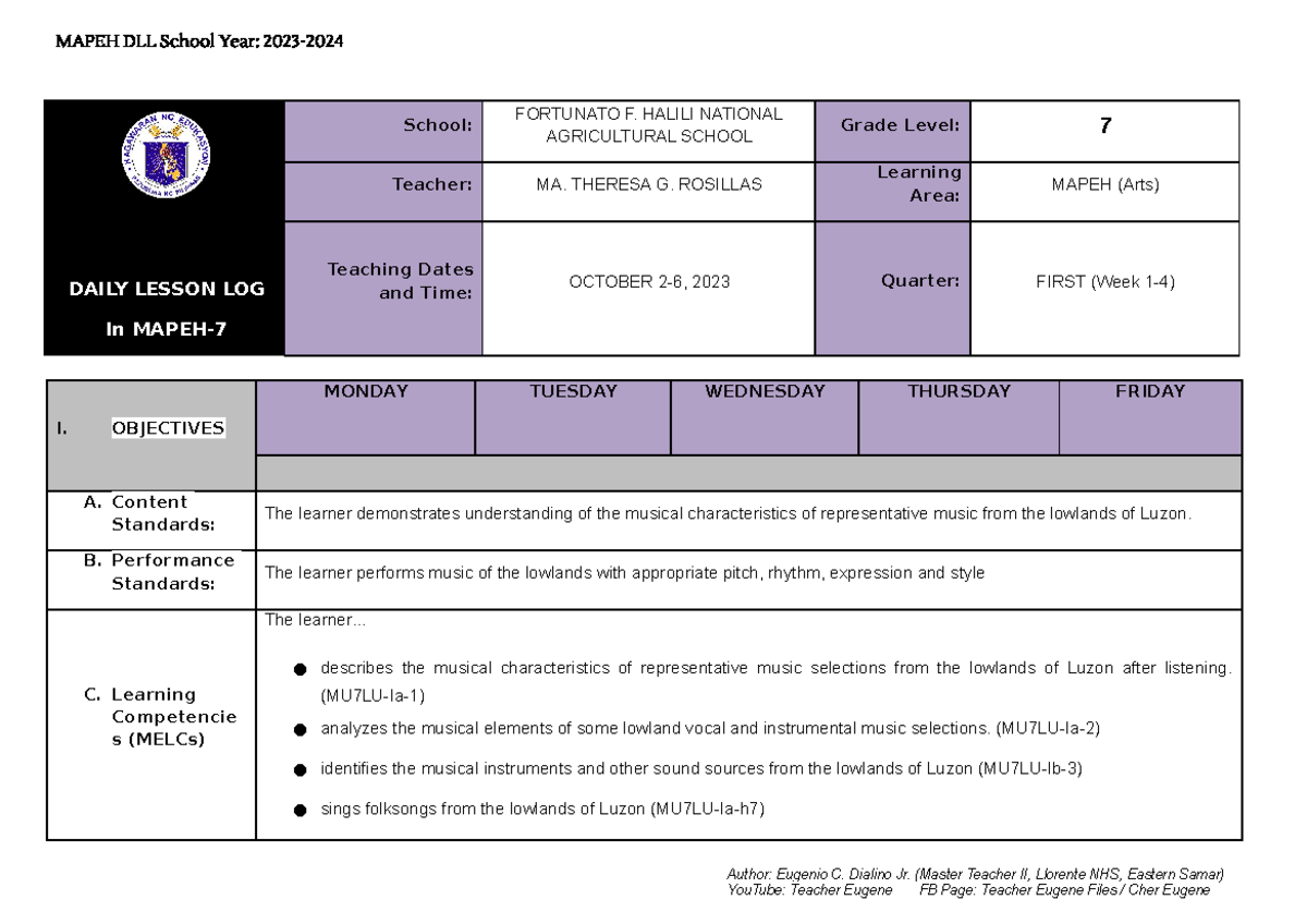 Q1 DLL - MAPEH 7: Daily Lesson Log for Music of Luzon Lowlands - Studocu