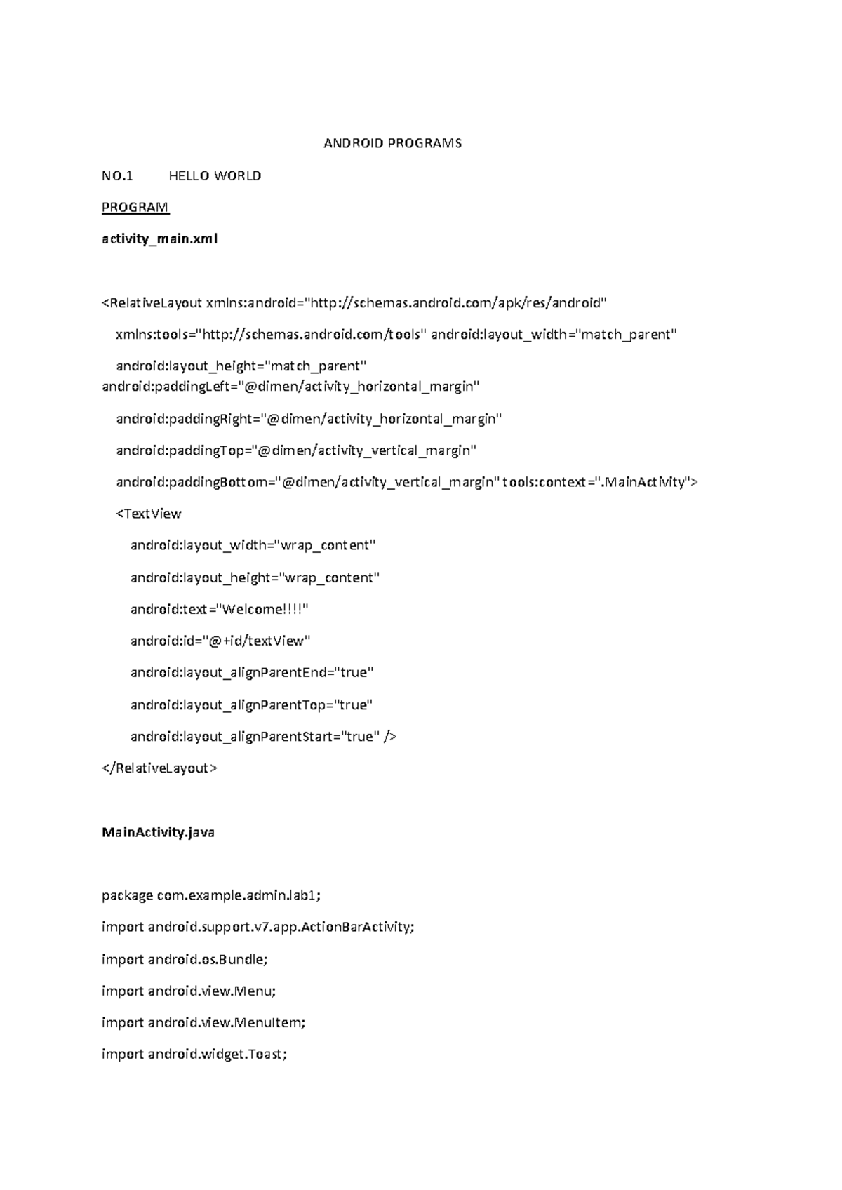 ANDROID LAB (CS101) - Programs 1 to 7 Overview - Studocu