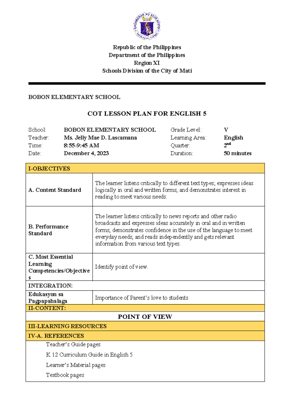 COT English 5 Lesson Plan: Understanding Point of View (2nd Quarter ...