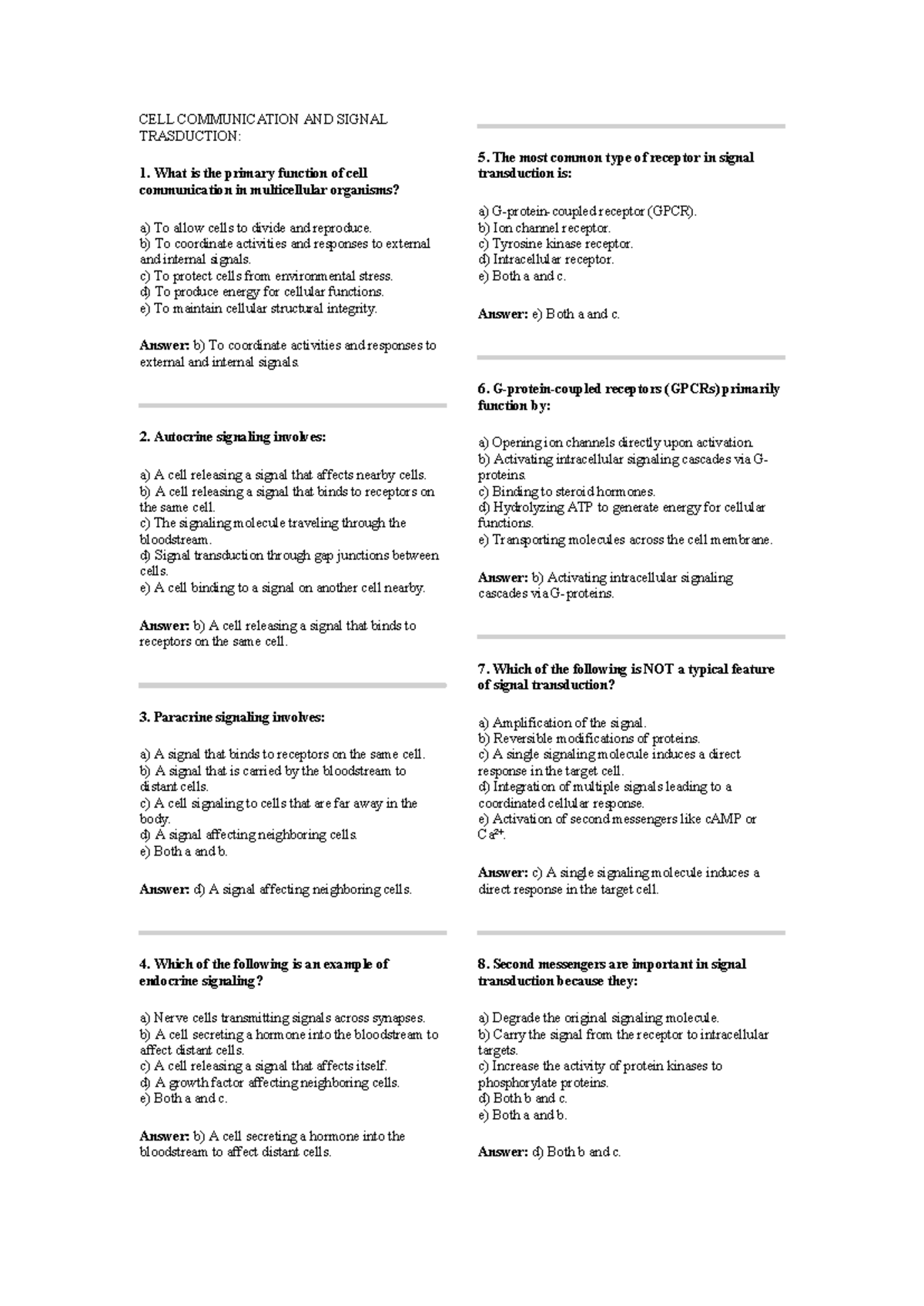 100 MCQs on Cell Communication & Transduction (Cell Biology Course) - Document Preview