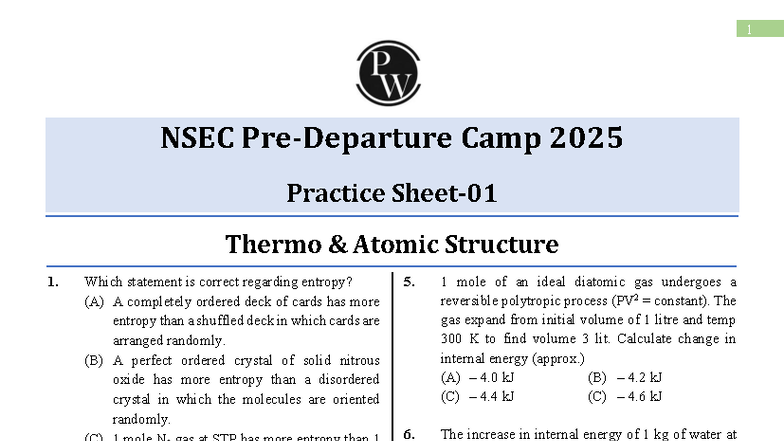 NSEC 2025 Thermo & Atomic Structure Practice Sheet 01 - Studocu