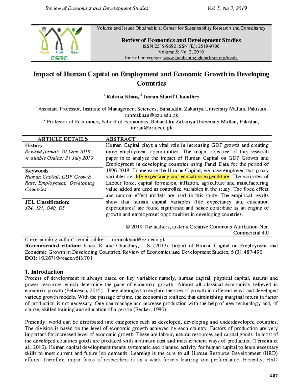 Impact of Human Capital on Economic Growth in Developing Countries (ECO ...
