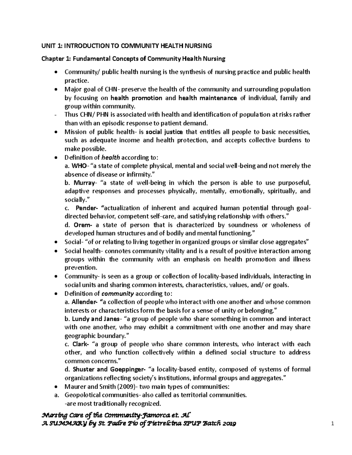 Nursing Care of the Community: Concepts & Theories (Famora) - Studocu