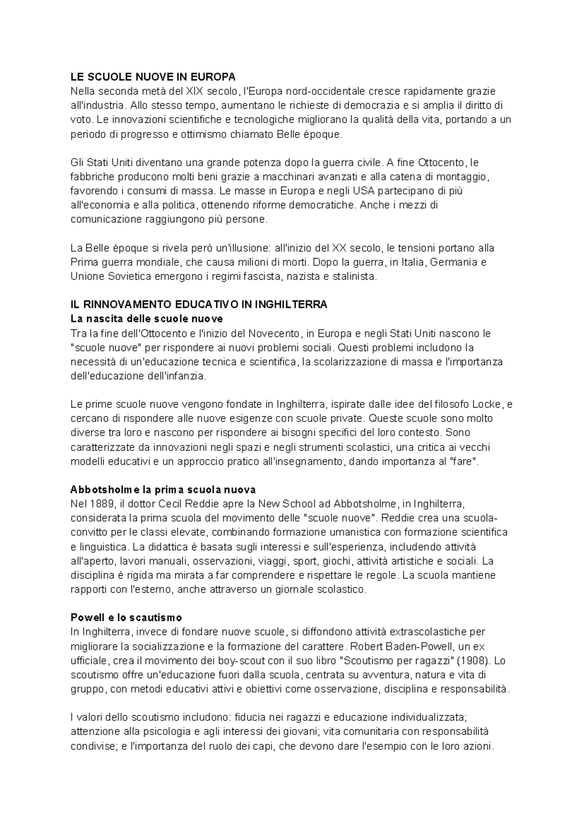 Pedagogia 5 Anno LE SCUOLE NUOVE IN EUROPA Nella Seconda Met Del XIX 