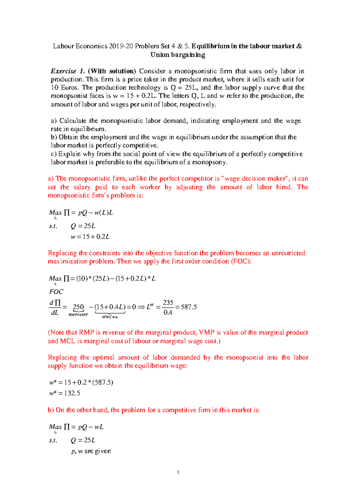 Problem Set 4 Solutions - Labour Economics 20 19-20 Problem Set 4 & 5 ...
