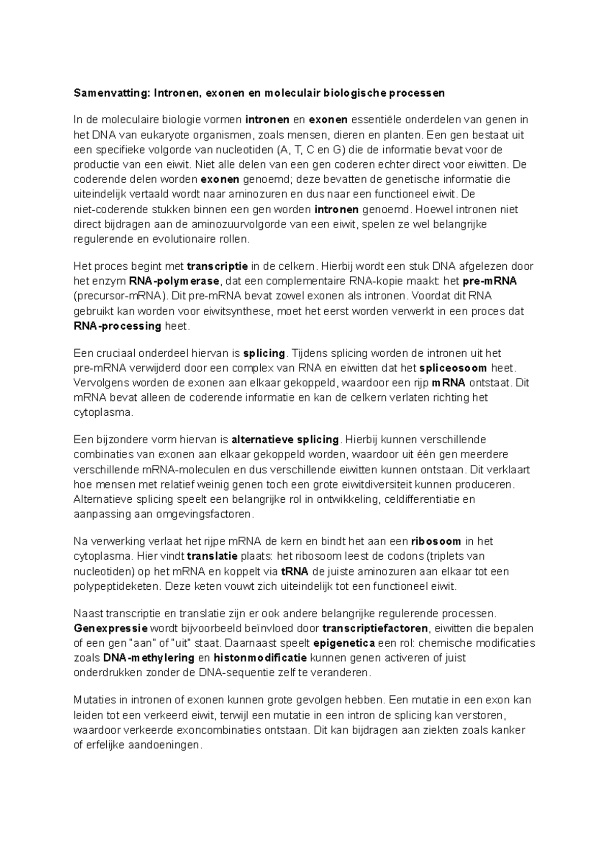 Samenvatting: Intronen, Exonen en Moleculaire Biologie Processen ...