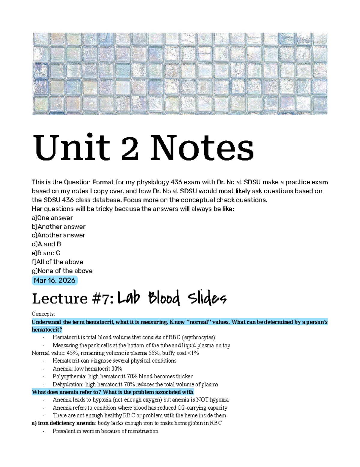 Physiology 436 Exam Practice Notes - Unit 2 - Studocu