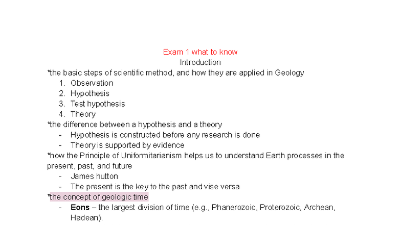 Exam 1 GEOL 101 Study Guide: Key Concepts & Definitions - Studocu
