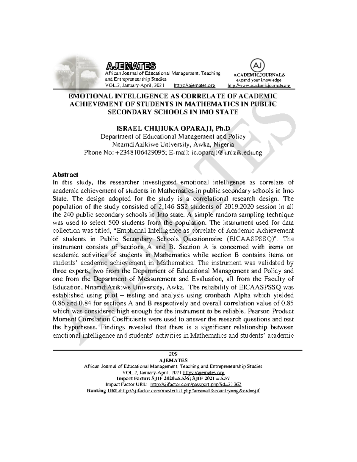 Emotional Intelligence and Academic Achievement in Mathematics ...
