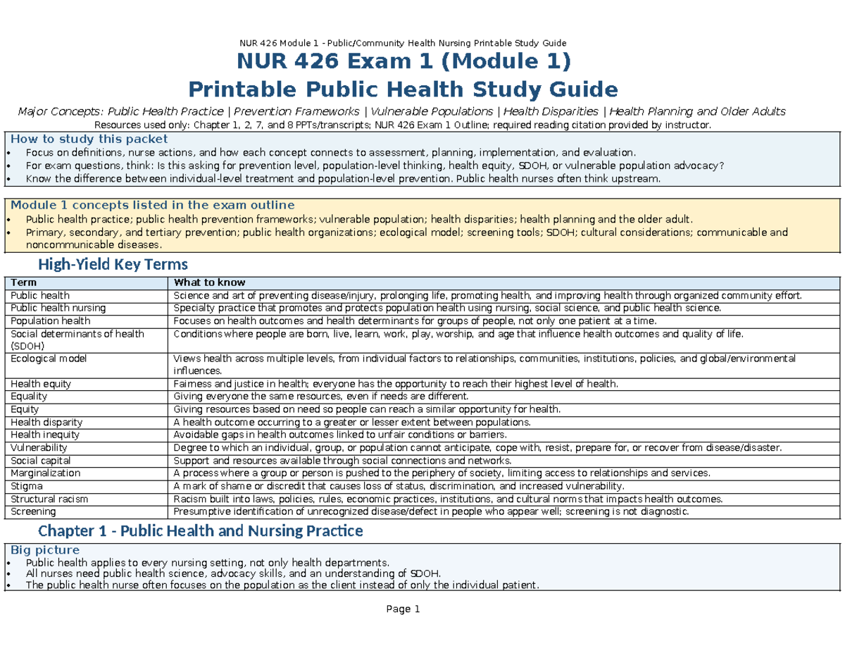 NUR 426 Module 1 Health Nursing Study Guide: Key Concepts & Exam Prep ...